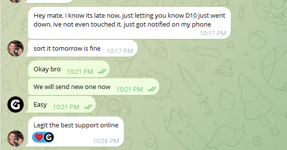 Telegram chat: a customer messages late at night to say an account went down. GOADS replies “We will send new one now” within four minutes. The customer answers: “Legit the best support online.”